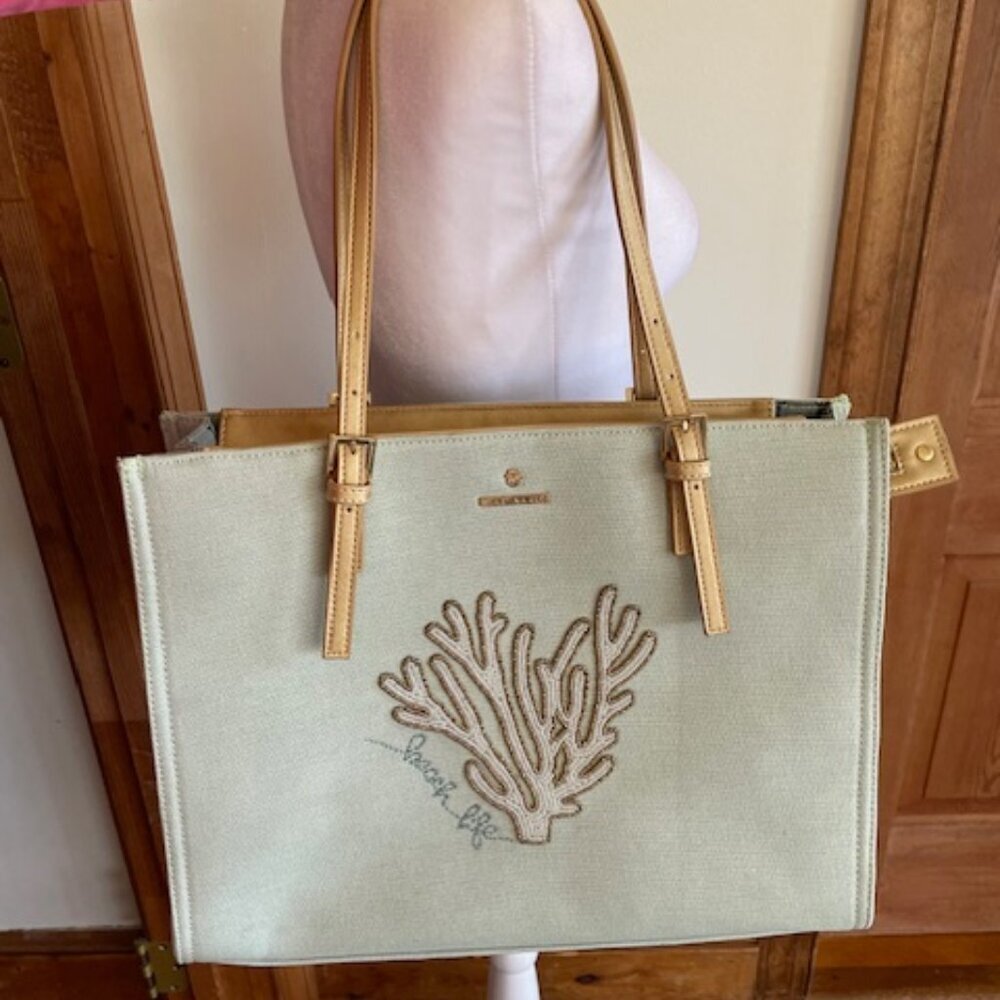 SPARTINA 449 beach life Beaded Coral Linen Blue Gold Tote Shoulder Bag